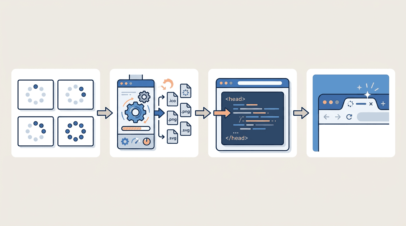 Step-by-step visual for creating and implementing an animated favicon from GIF frames