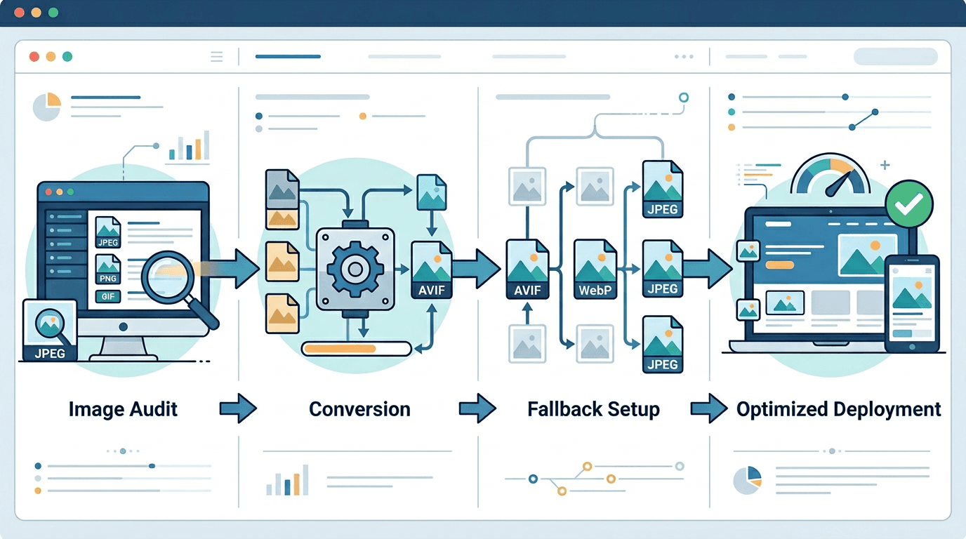 Step-by-step workflow for migrating website images to AVIF with fallbacks and deployment