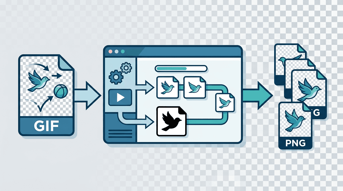 Step-by-step conversion flow for turning a transparent GIF into a PNG while preserving transparency