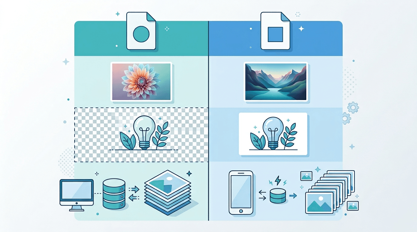 Visual comparison of HEIC and PNG formats for photo quality, transparency, and compatibility