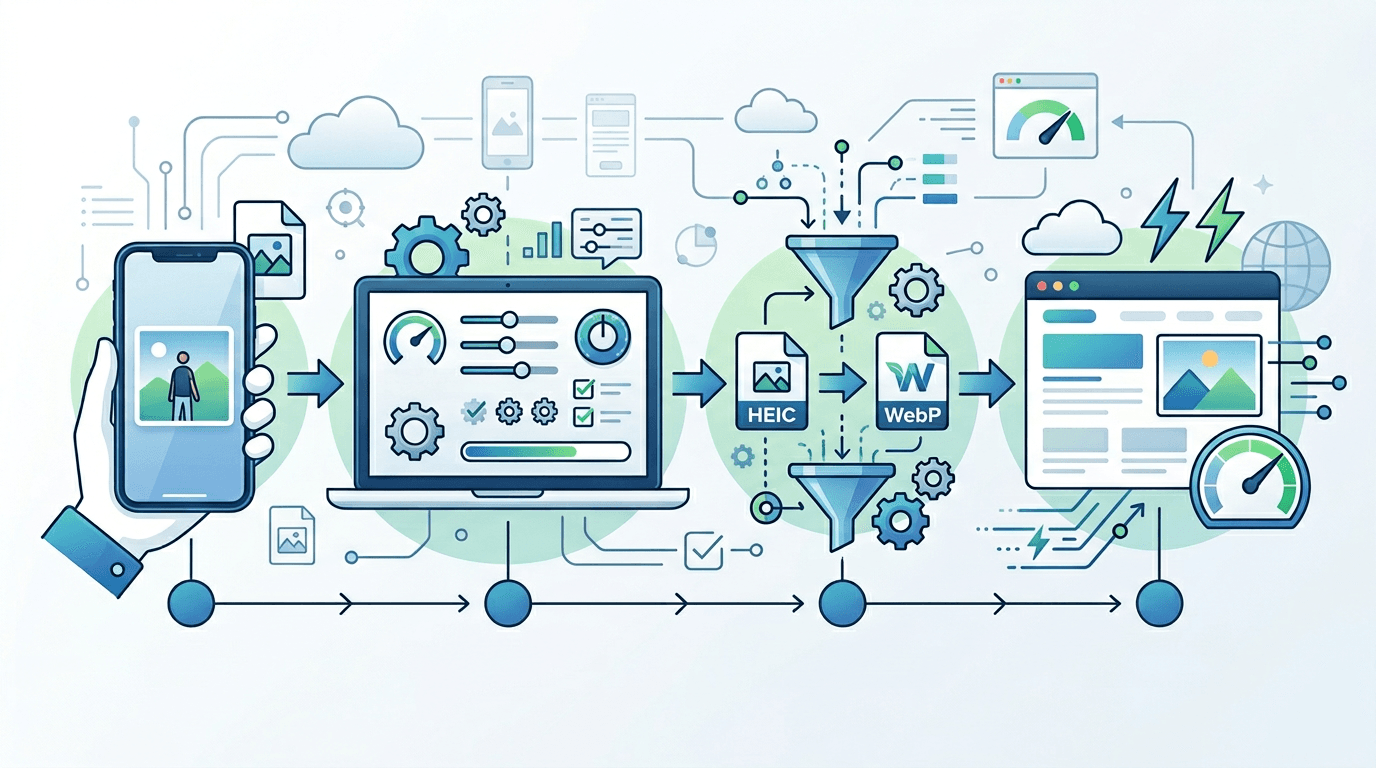 Workflow for converting iPhone HEIC photos into optimized WebP images for faster websites