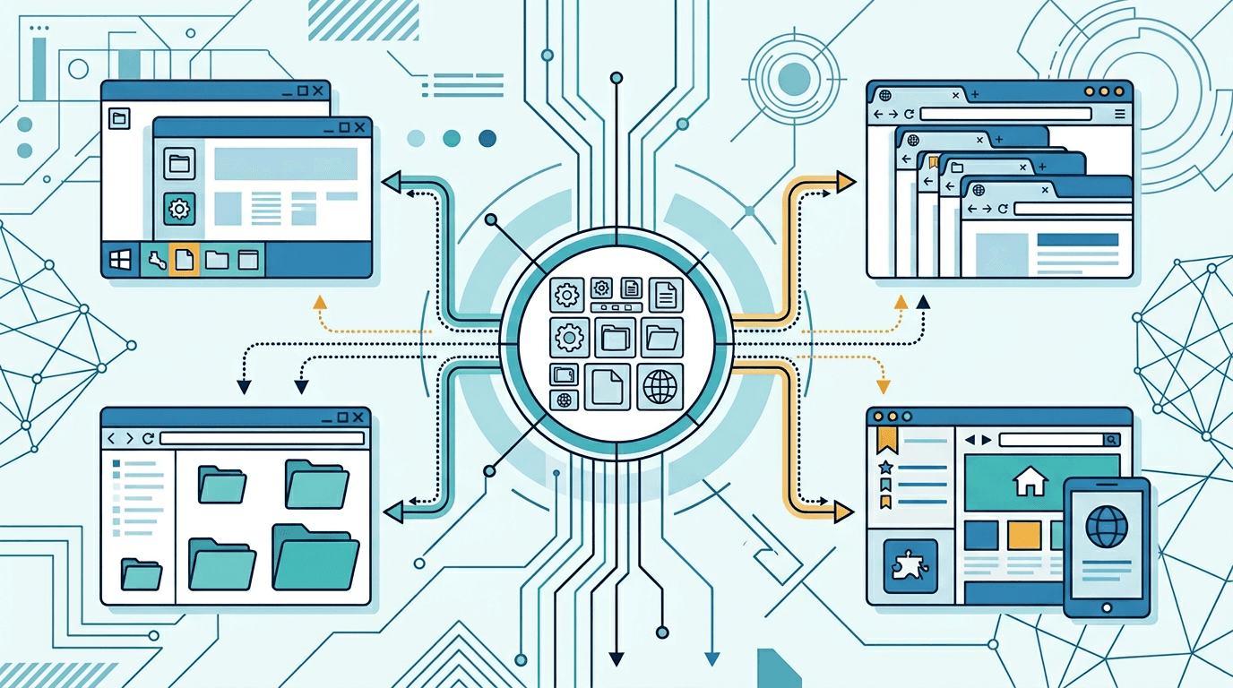 Visual overview of a master ICO file distributing multiple icon sizes to Windows and browser contexts