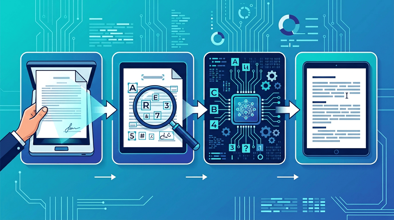 Workflow illustrating OCR scanning, character recognition, and text extraction