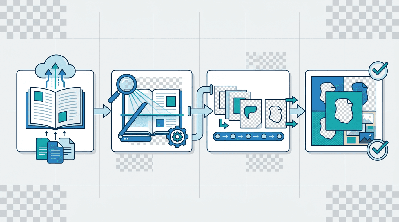 Workflow showing PDF pages converted into transparent PNG assets with preserved alpha areas