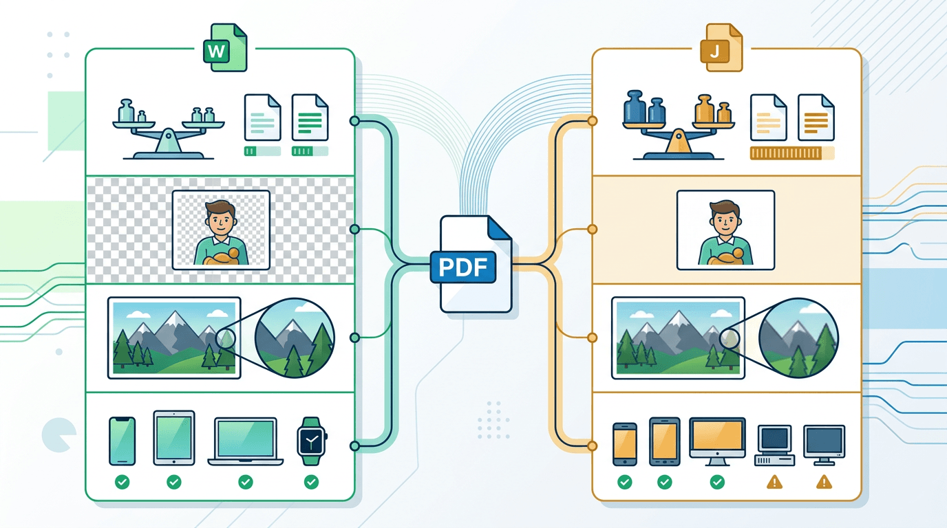 Comparison of PDF conversion output to WebP and JPG showing tradeoffs in size, transparency, and compatibility