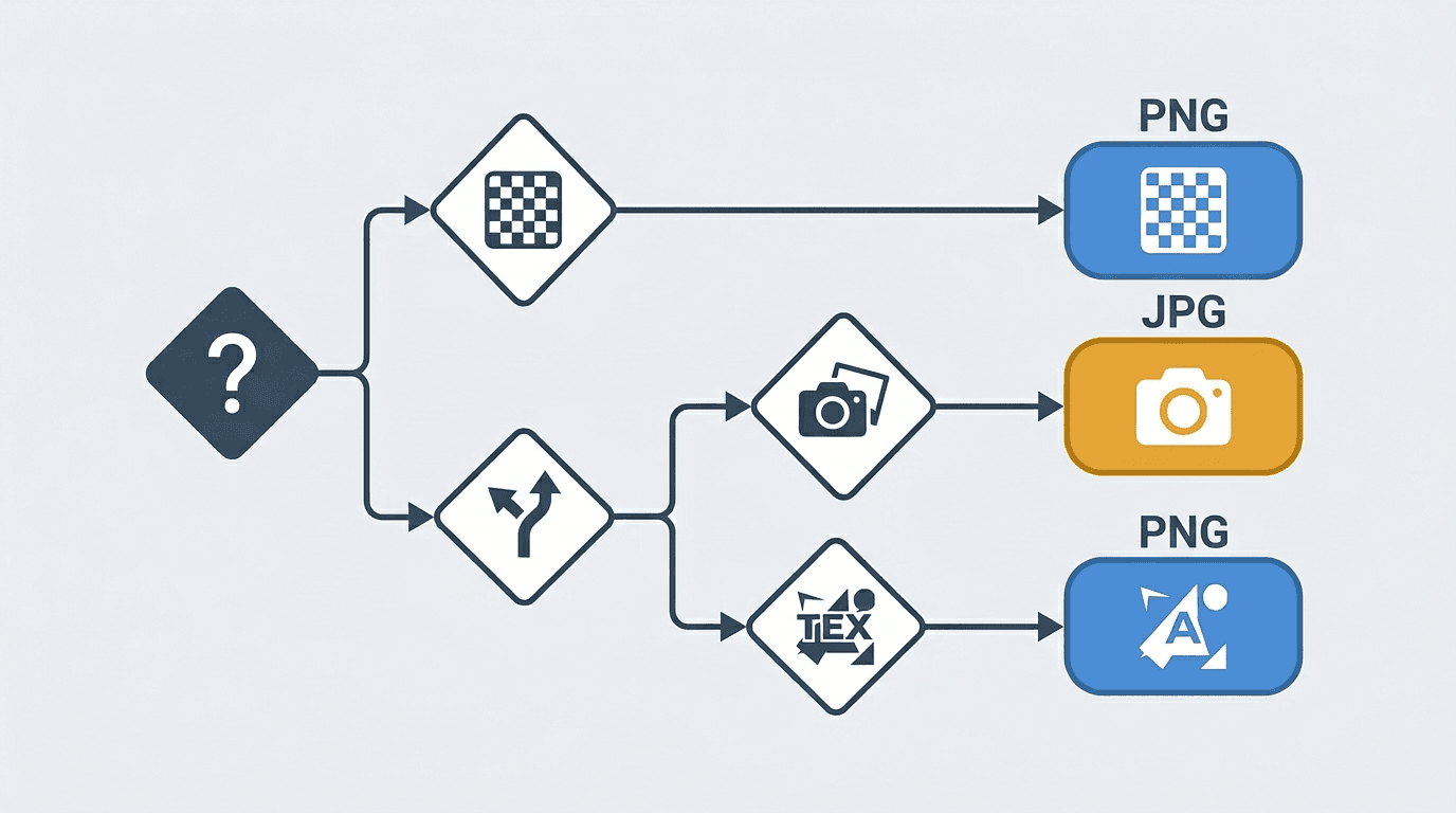 Visual decision flowchart for choosing between PNG and JPG formats