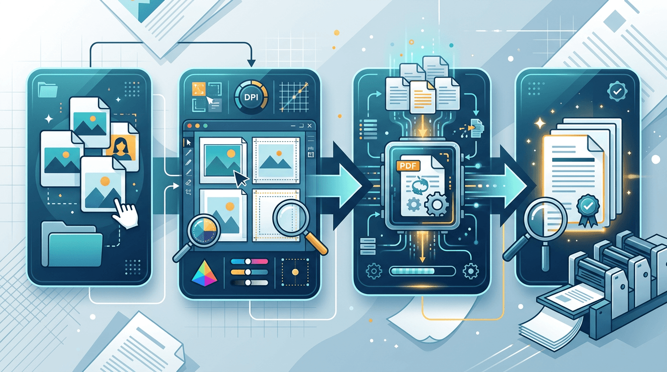Workflow for converting multiple PNG images into a print-ready PDF with layout and resolution tuning