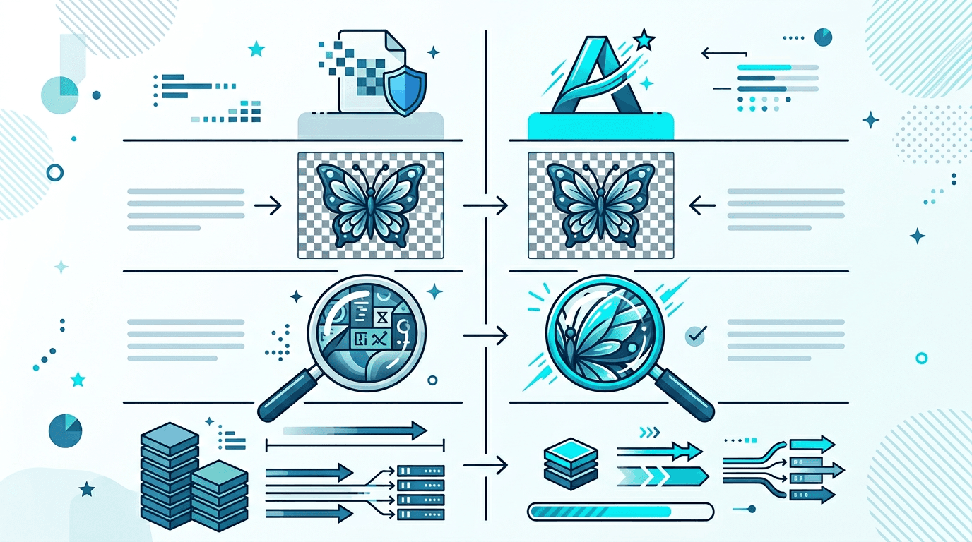 Comparison of PNG and AVIF showing transparency support, quality preservation, and compression differences