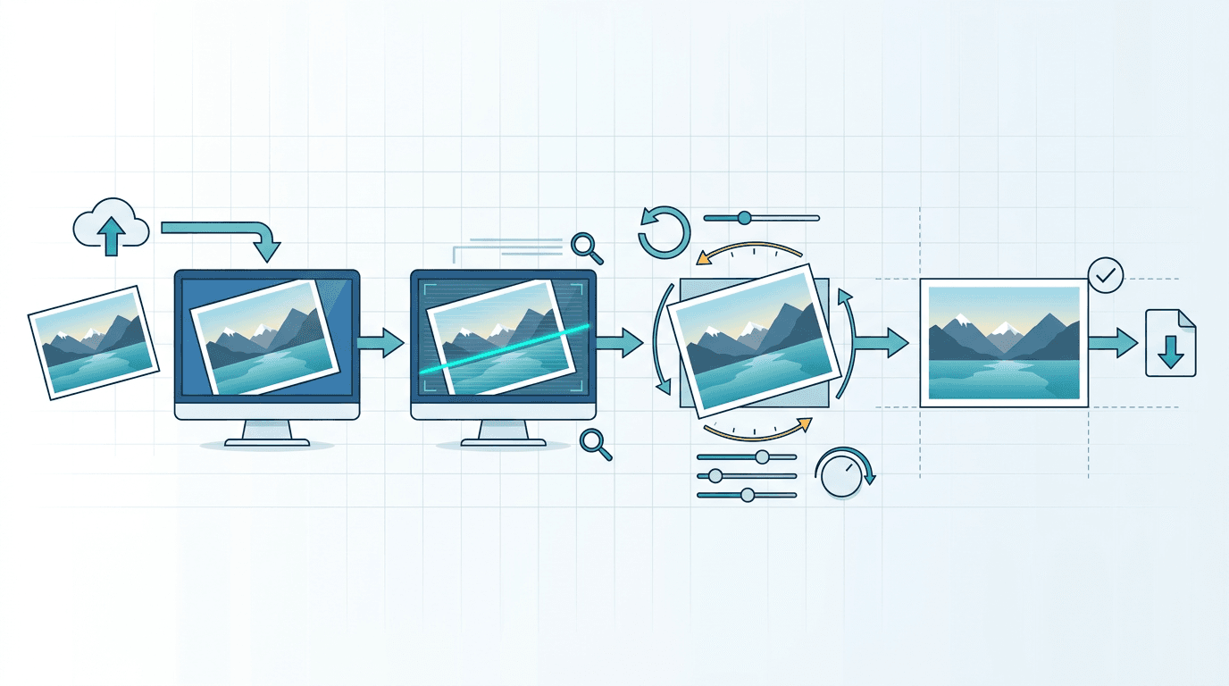 Workflow for detecting horizon tilt, straightening a crooked photo, and exporting a level result