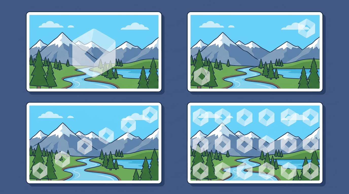 Four watermark placement strategies: centered, corner, diagonal, and tiled patterns