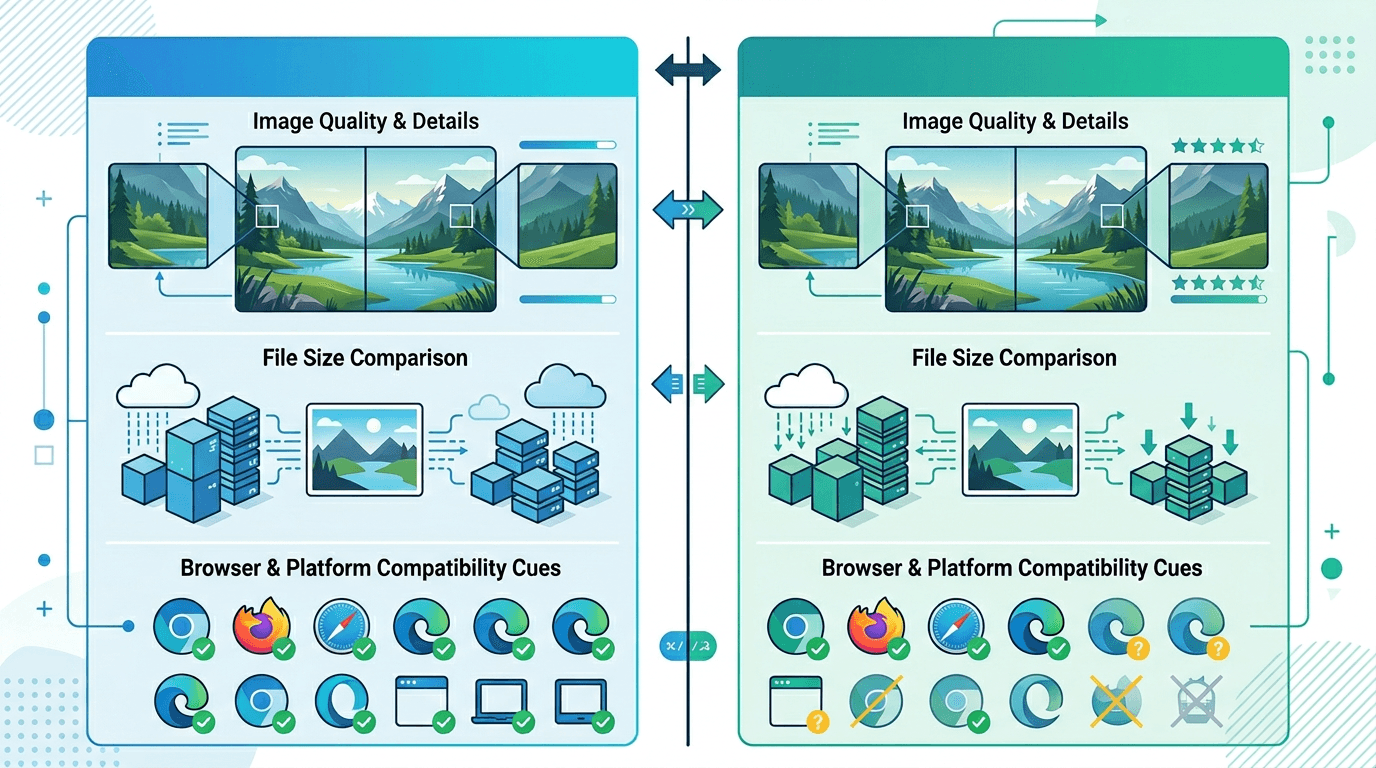 Comparison of WebP and AVIF showing quality, compression, and compatibility tradeoffs