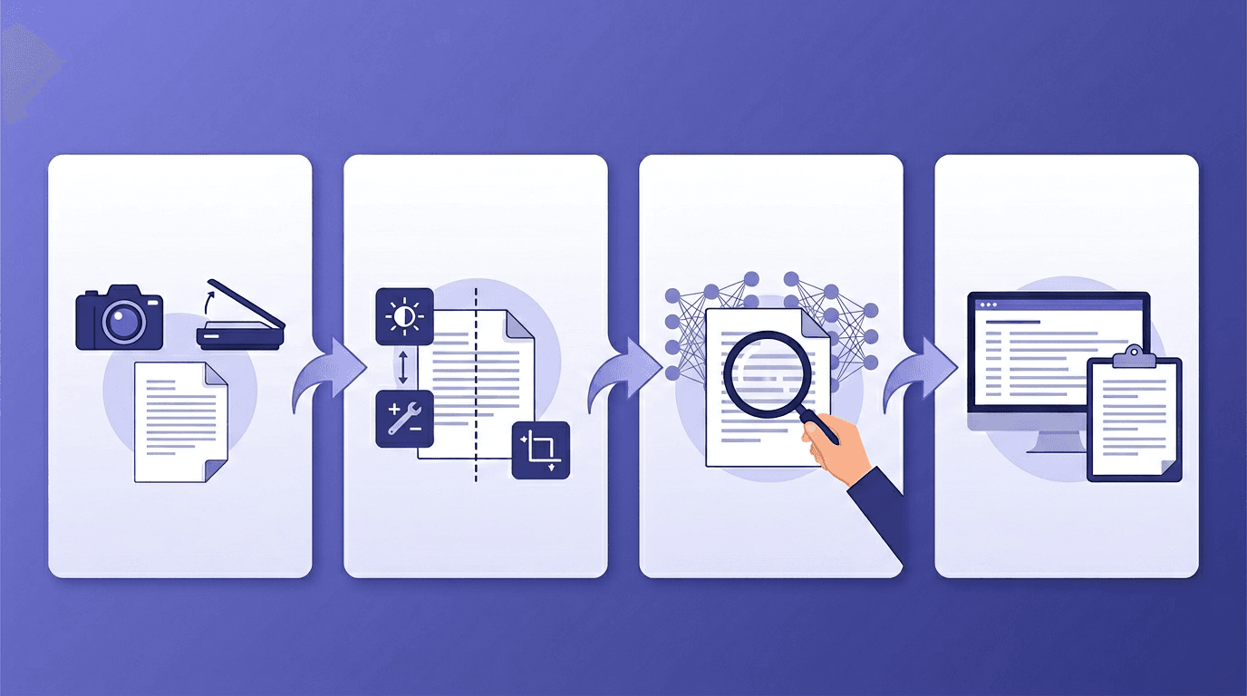Four-step OCR process: image acquisition, preprocessing, character recognition, and output