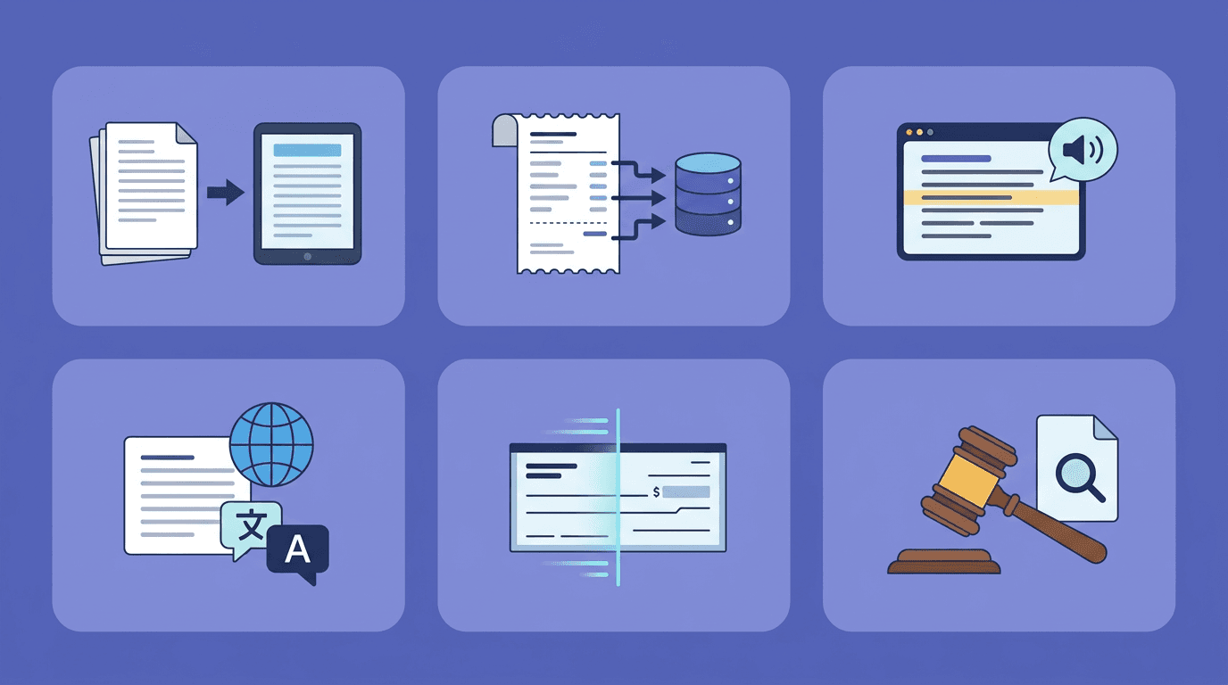 Six common OCR applications: document digitization, data entry, accessibility, translation, banking, and legal